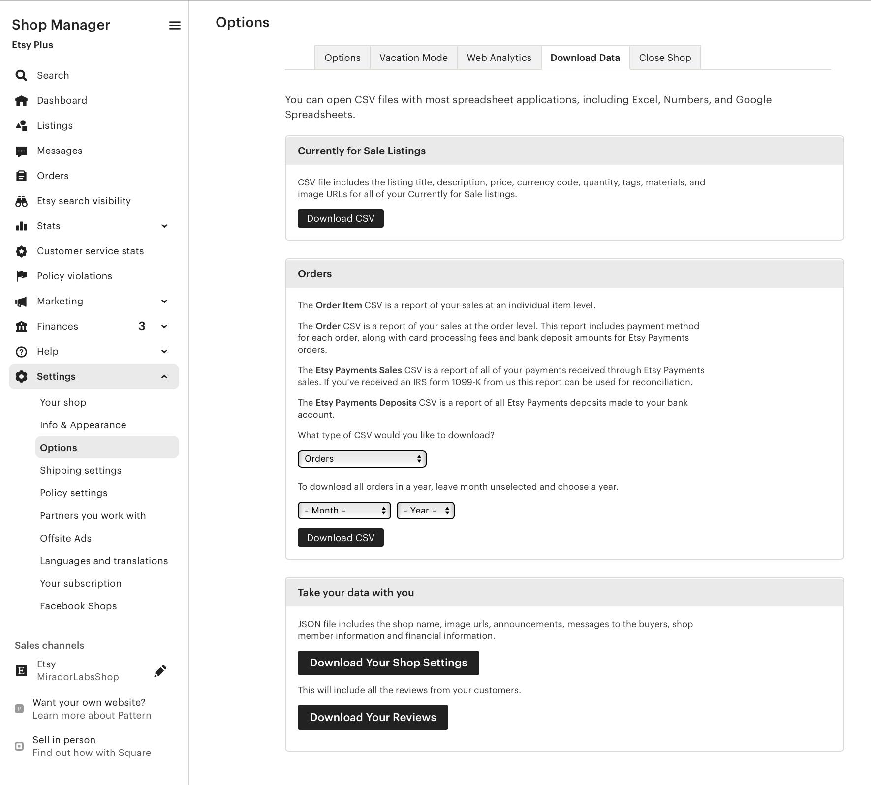 Etsy Shop Manager Download Data screen showing the Sold Orders CSV export option