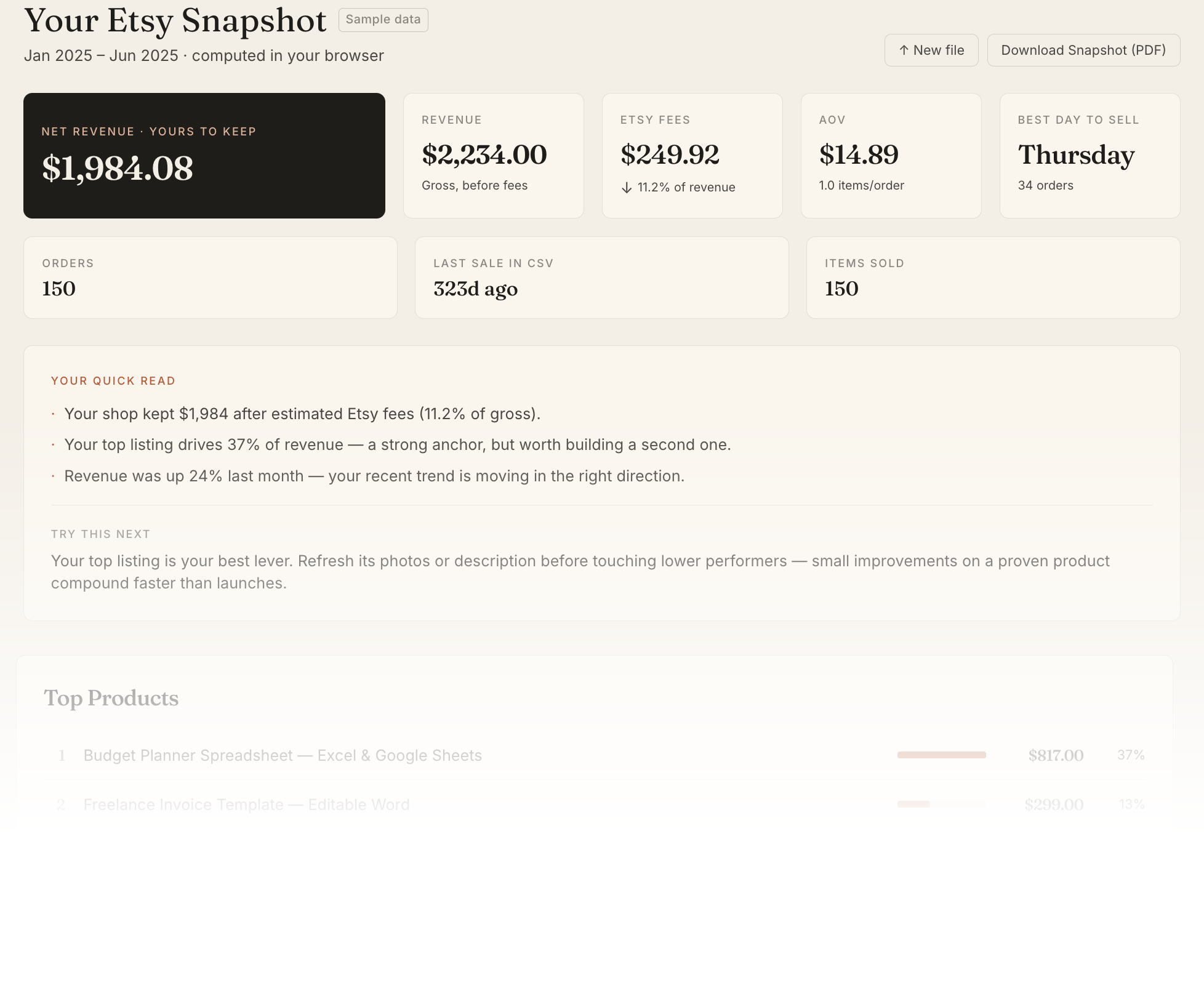 Free Etsy profit dashboard showing net revenue, fees, top products, and quick read