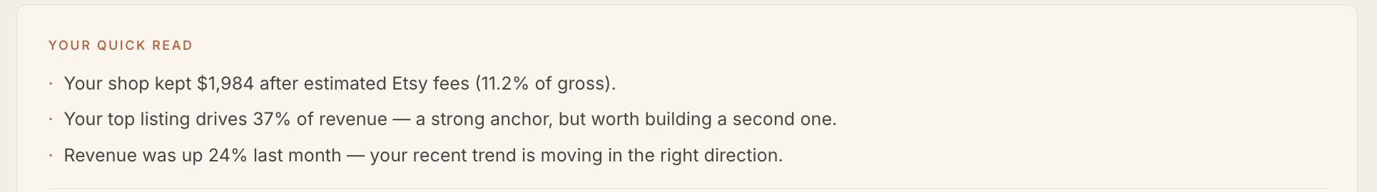 Quick Read section with three auto-generated summary sentences about shop performance